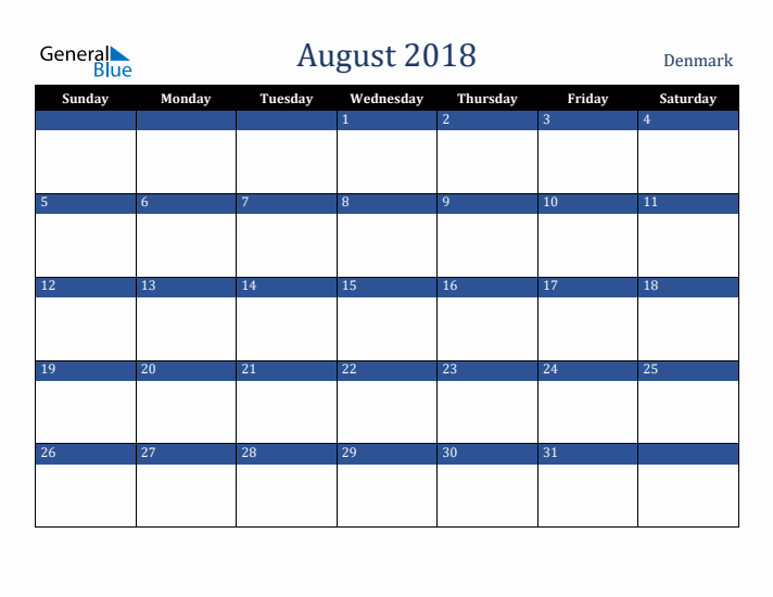 August 2018 Denmark Calendar (Sunday Start)