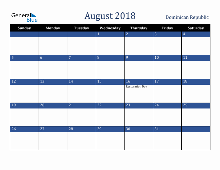 August 2018 Dominican Republic Calendar (Sunday Start)