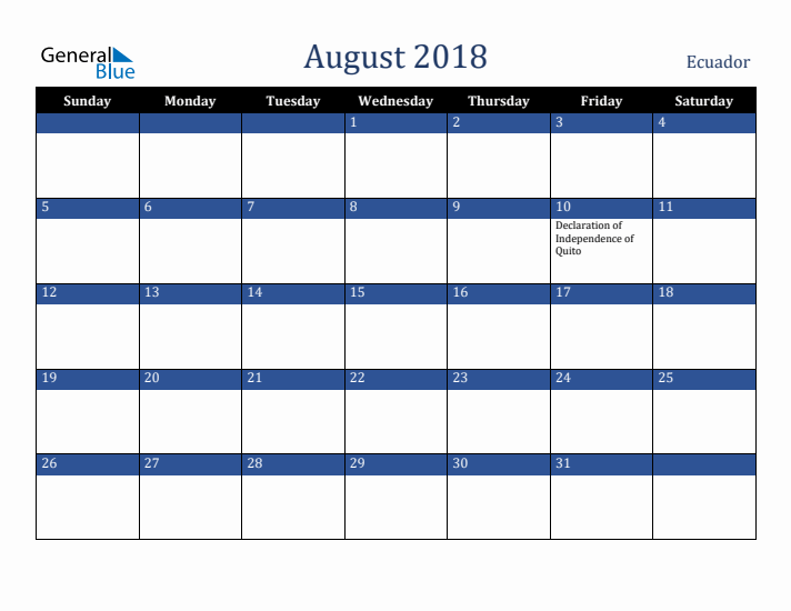 August 2018 Ecuador Calendar (Sunday Start)
