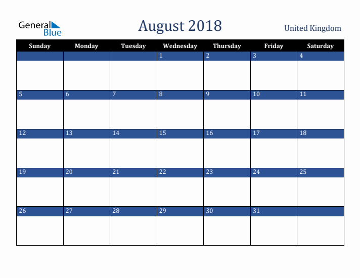 August 2018 United Kingdom Calendar (Sunday Start)