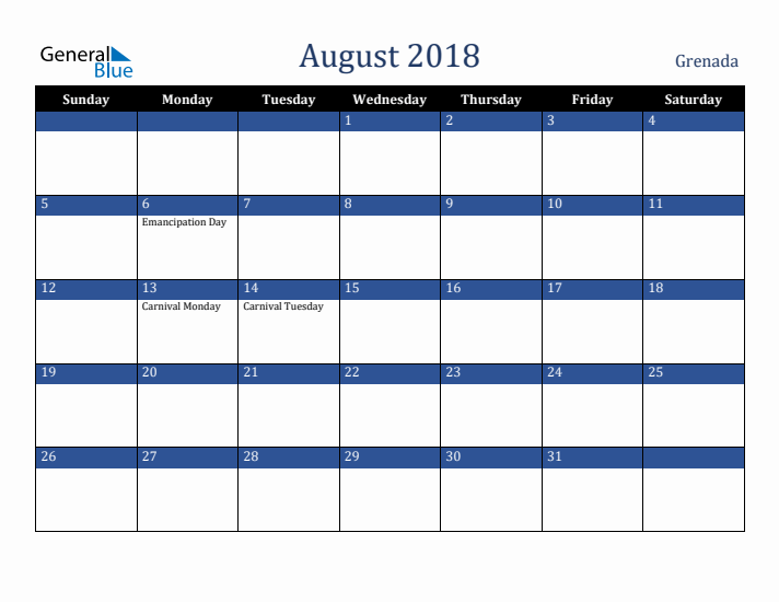 August 2018 Grenada Calendar (Sunday Start)