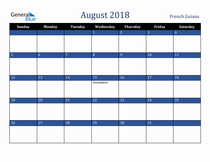 August 2018 French Guiana Calendar (Sunday Start)