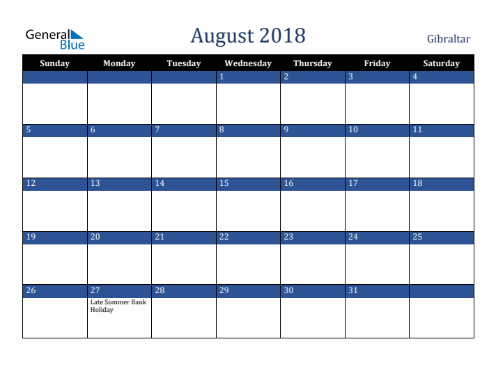 August 2018 Gibraltar Calendar (Sunday Start)