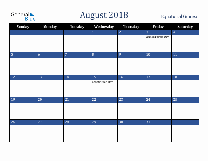August 2018 Equatorial Guinea Calendar (Sunday Start)