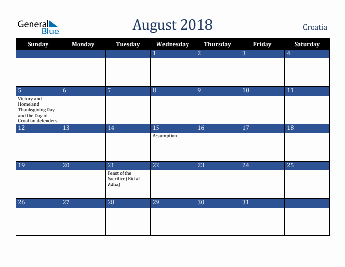 August 2018 Croatia Calendar (Sunday Start)