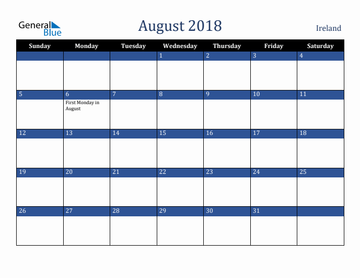 August 2018 Ireland Calendar (Sunday Start)