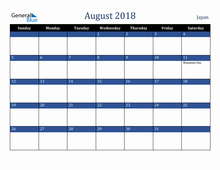 August 2018 Japan Calendar (Sunday Start)