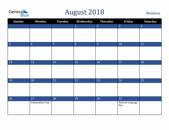 August 2018 Moldova Calendar (Sunday Start)