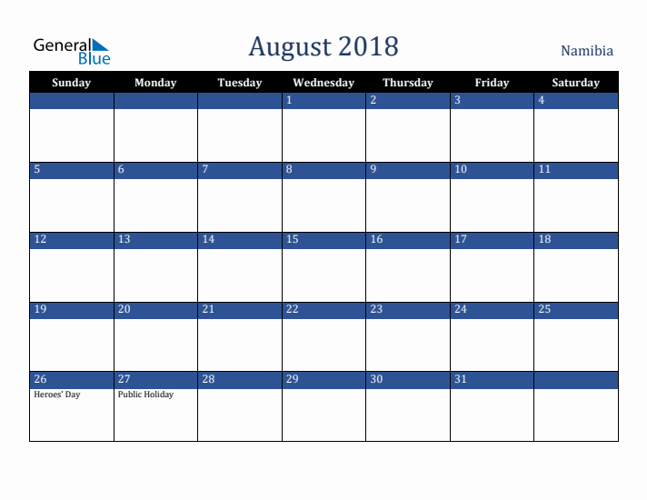 August 2018 Namibia Calendar (Sunday Start)