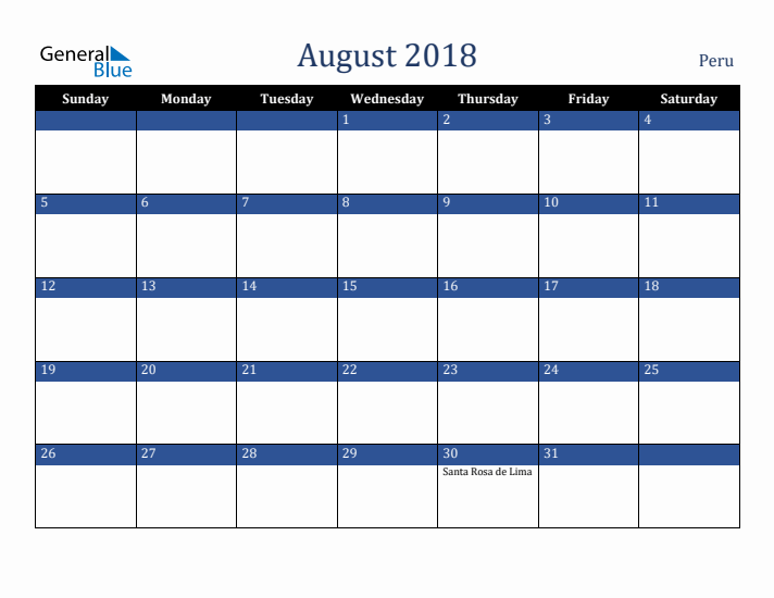 August 2018 Peru Calendar (Sunday Start)