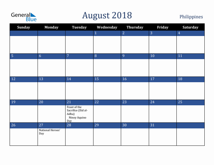 August 2018 Philippines Calendar (Sunday Start)