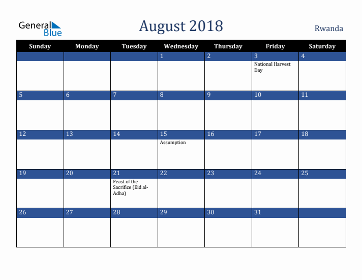August 2018 Rwanda Calendar (Sunday Start)