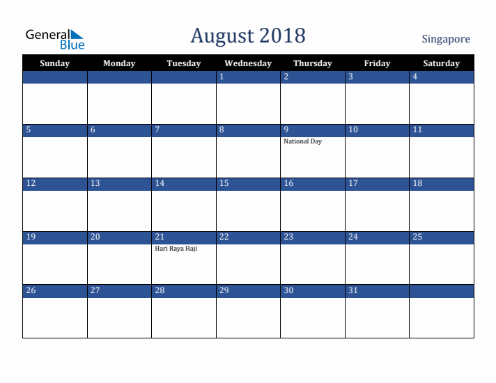 August 2018 Singapore Calendar (Sunday Start)
