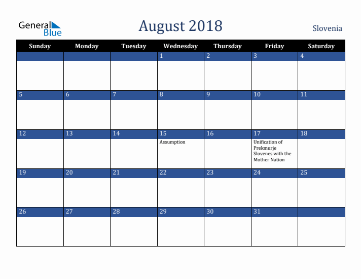 August 2018 Slovenia Calendar (Sunday Start)