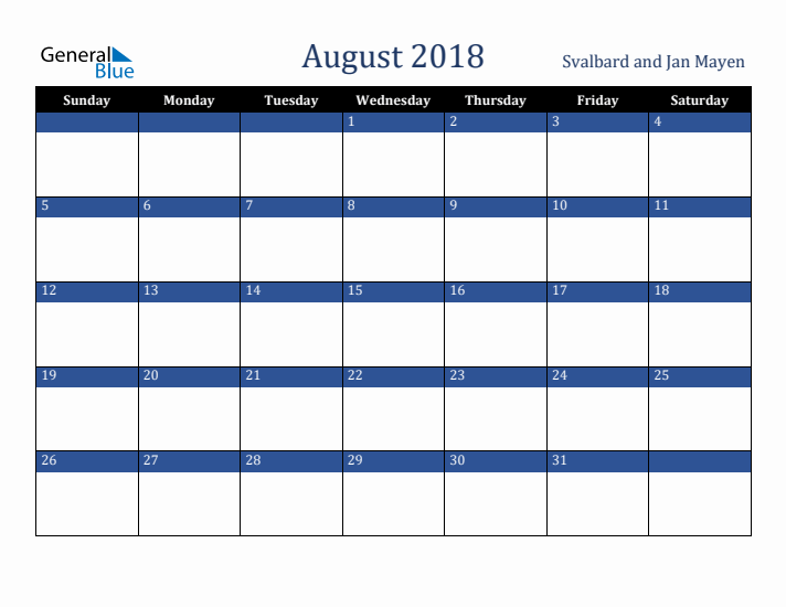 August 2018 Svalbard and Jan Mayen Calendar (Sunday Start)