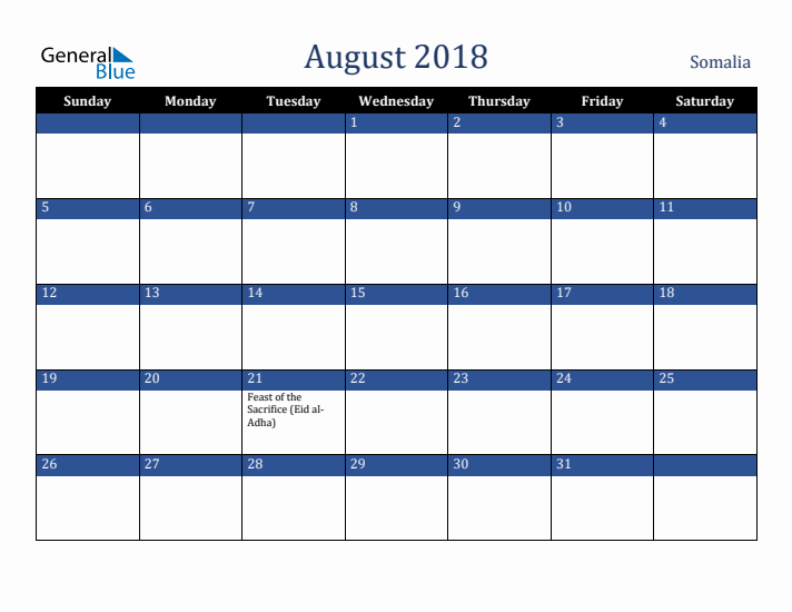 August 2018 Somalia Calendar (Sunday Start)