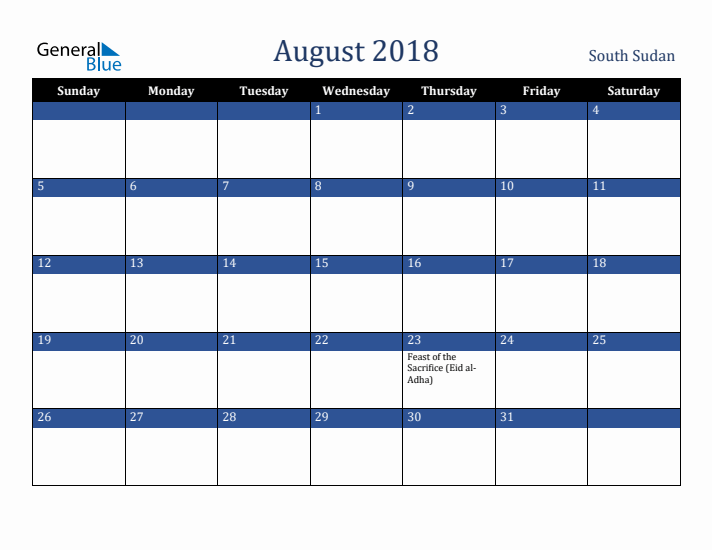 August 2018 South Sudan Calendar (Sunday Start)