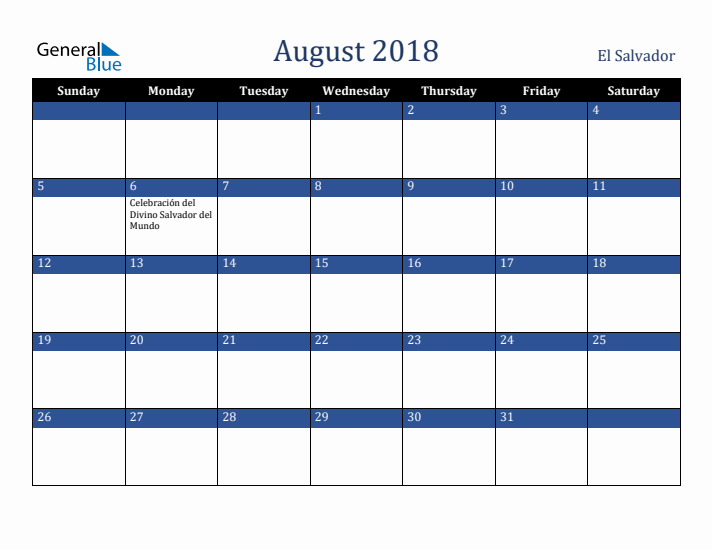 August 2018 El Salvador Calendar (Sunday Start)
