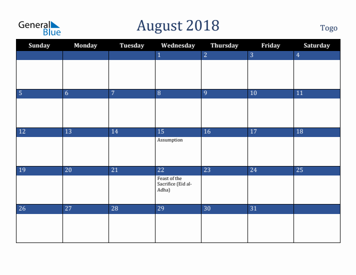 August 2018 Togo Calendar (Sunday Start)