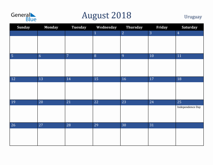 August 2018 Uruguay Calendar (Sunday Start)