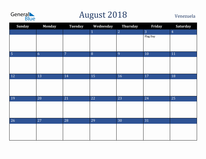 August 2018 Venezuela Calendar (Sunday Start)