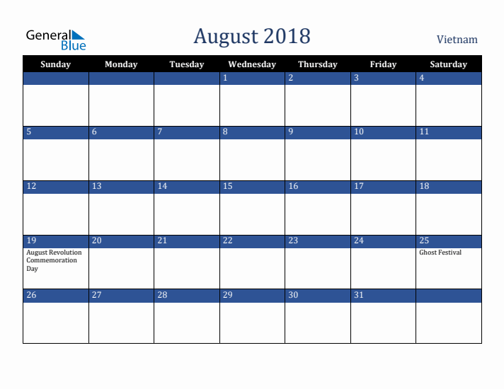 August 2018 Vietnam Calendar (Sunday Start)