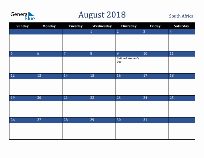 August 2018 South Africa Calendar (Sunday Start)