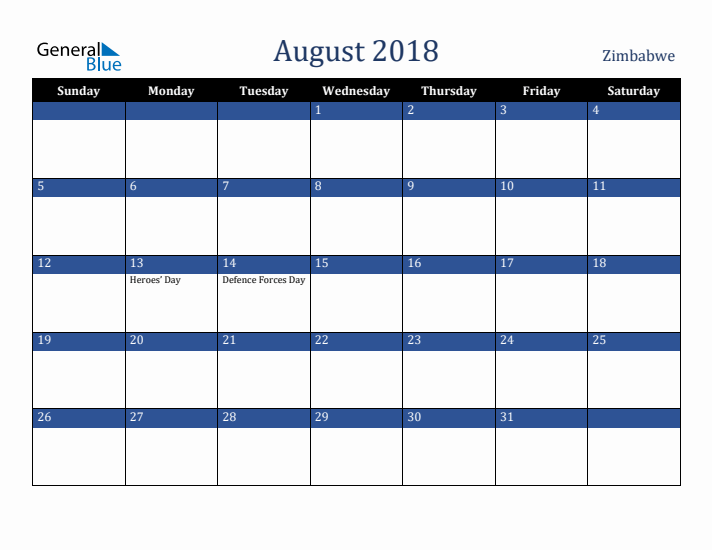 August 2018 Zimbabwe Calendar (Sunday Start)