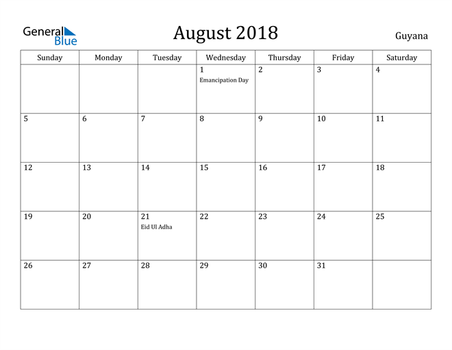 August 2018 Calendar Guyana