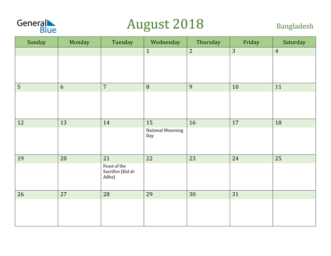 Bangladesh August 2018 Calendar With Holidays