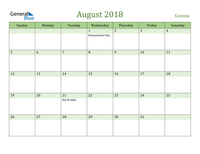 August 2018 Calendar with Guyana Holidays