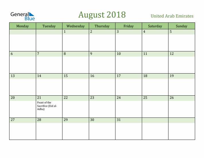 August 2018 Calendar with United Arab Emirates Holidays