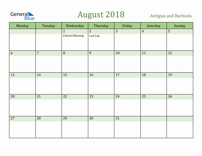 August 2018 Calendar with Antigua and Barbuda Holidays