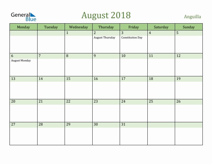 August 2018 Calendar with Anguilla Holidays