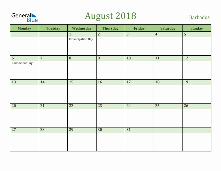 August 2018 Calendar with Barbados Holidays