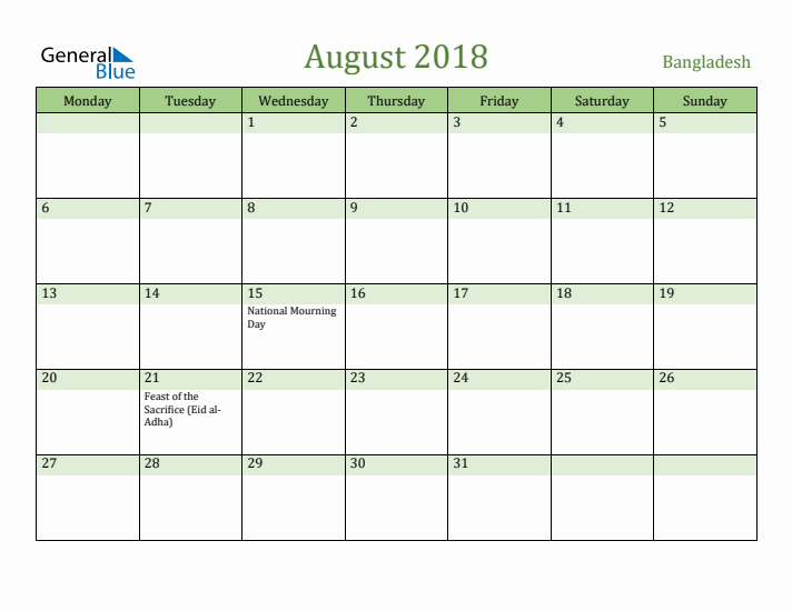 August 2018 Calendar with Bangladesh Holidays