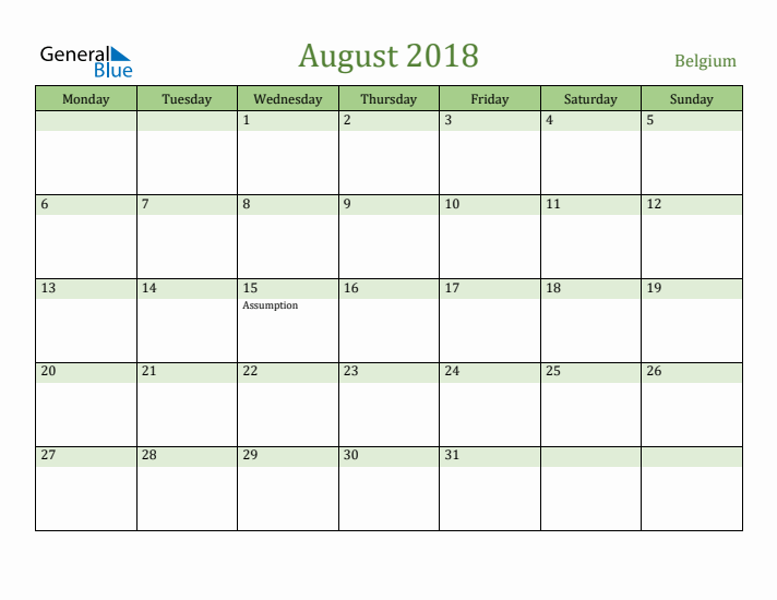 August 2018 Calendar with Belgium Holidays