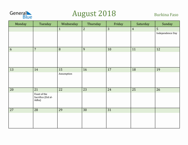 August 2018 Calendar with Burkina Faso Holidays