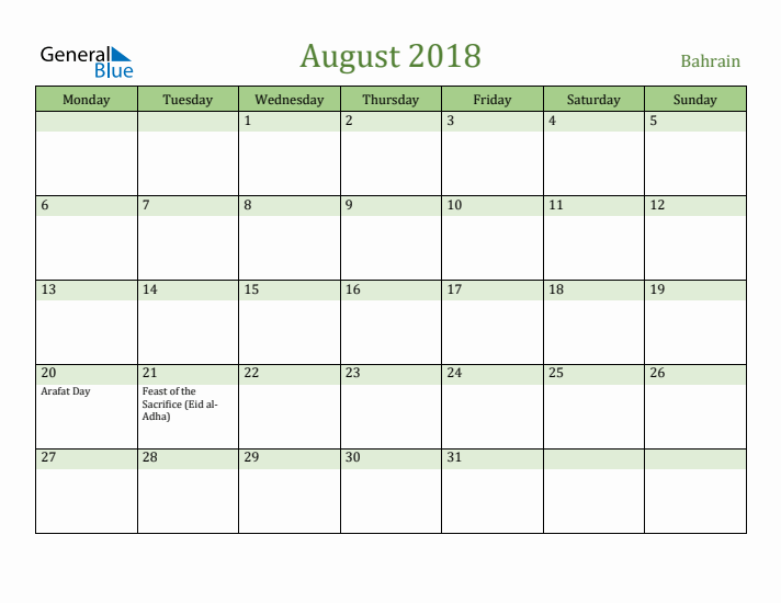 August 2018 Calendar with Bahrain Holidays
