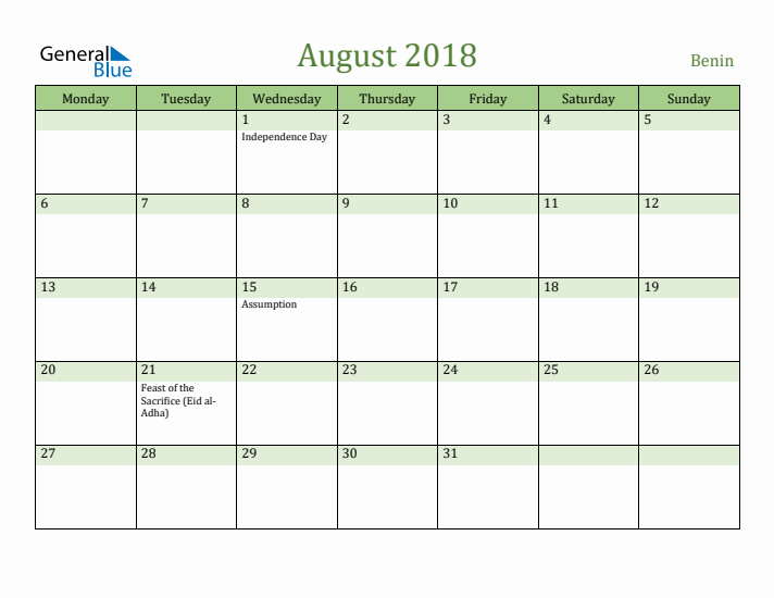 August 2018 Calendar with Benin Holidays