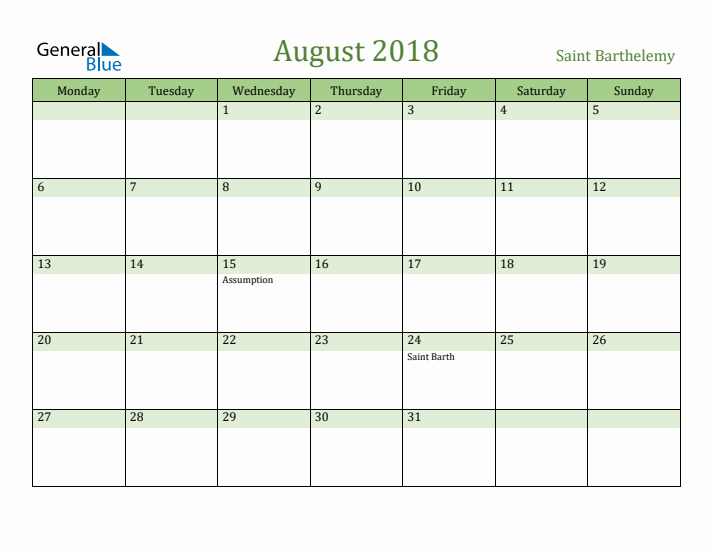 August 2018 Calendar with Saint Barthelemy Holidays