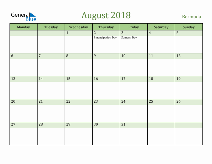August 2018 Calendar with Bermuda Holidays