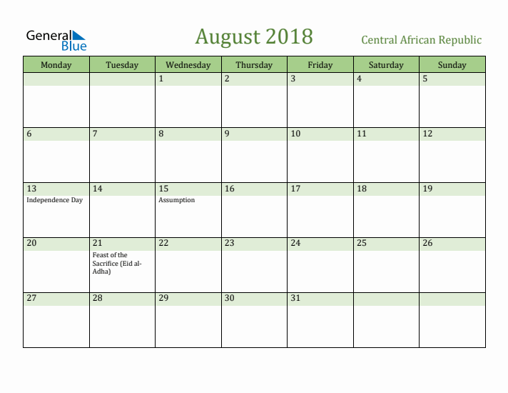 August 2018 Calendar with Central African Republic Holidays