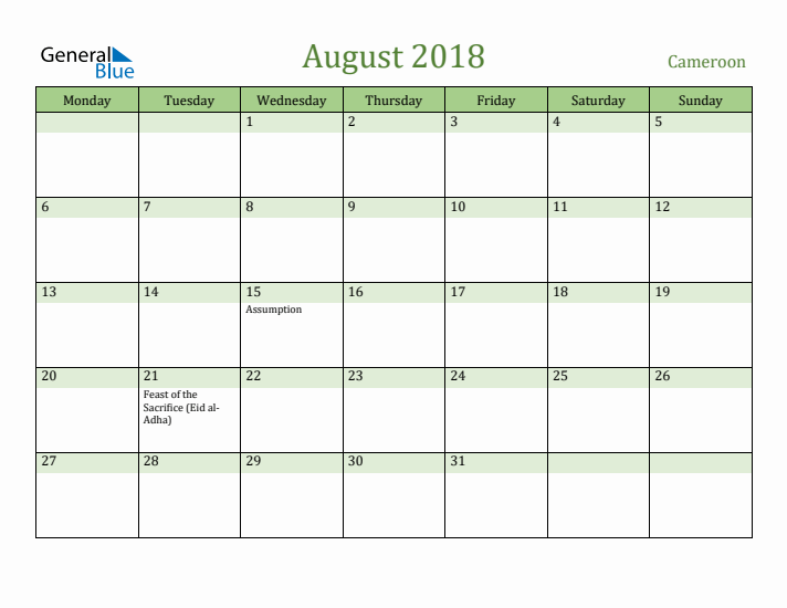 August 2018 Calendar with Cameroon Holidays