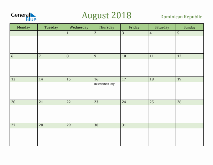 August 2018 Calendar with Dominican Republic Holidays