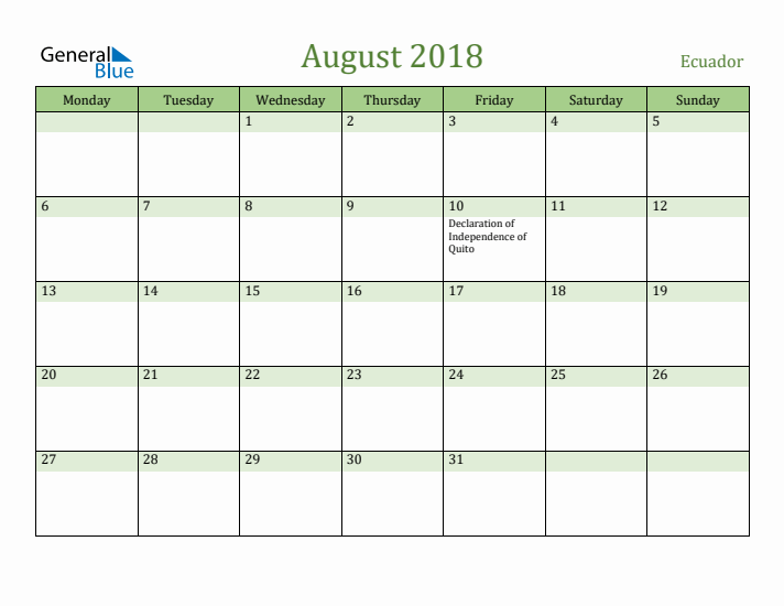 August 2018 Calendar with Ecuador Holidays