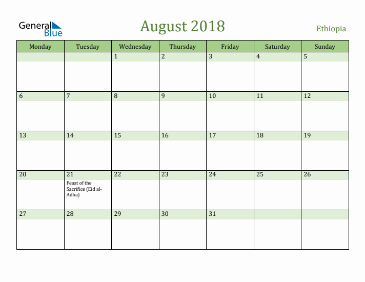 August 2018 Calendar with Ethiopia Holidays