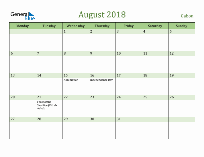 August 2018 Calendar with Gabon Holidays