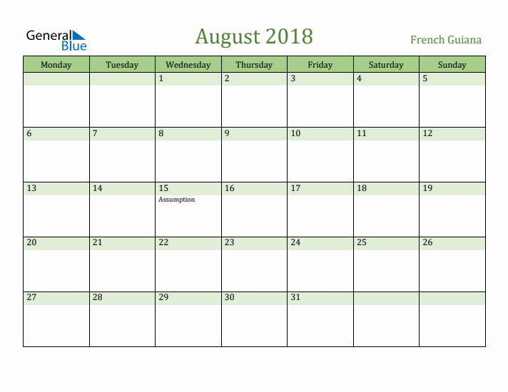August 2018 Calendar with French Guiana Holidays