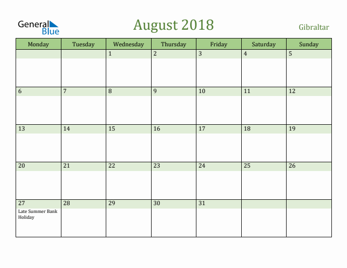 August 2018 Calendar with Gibraltar Holidays